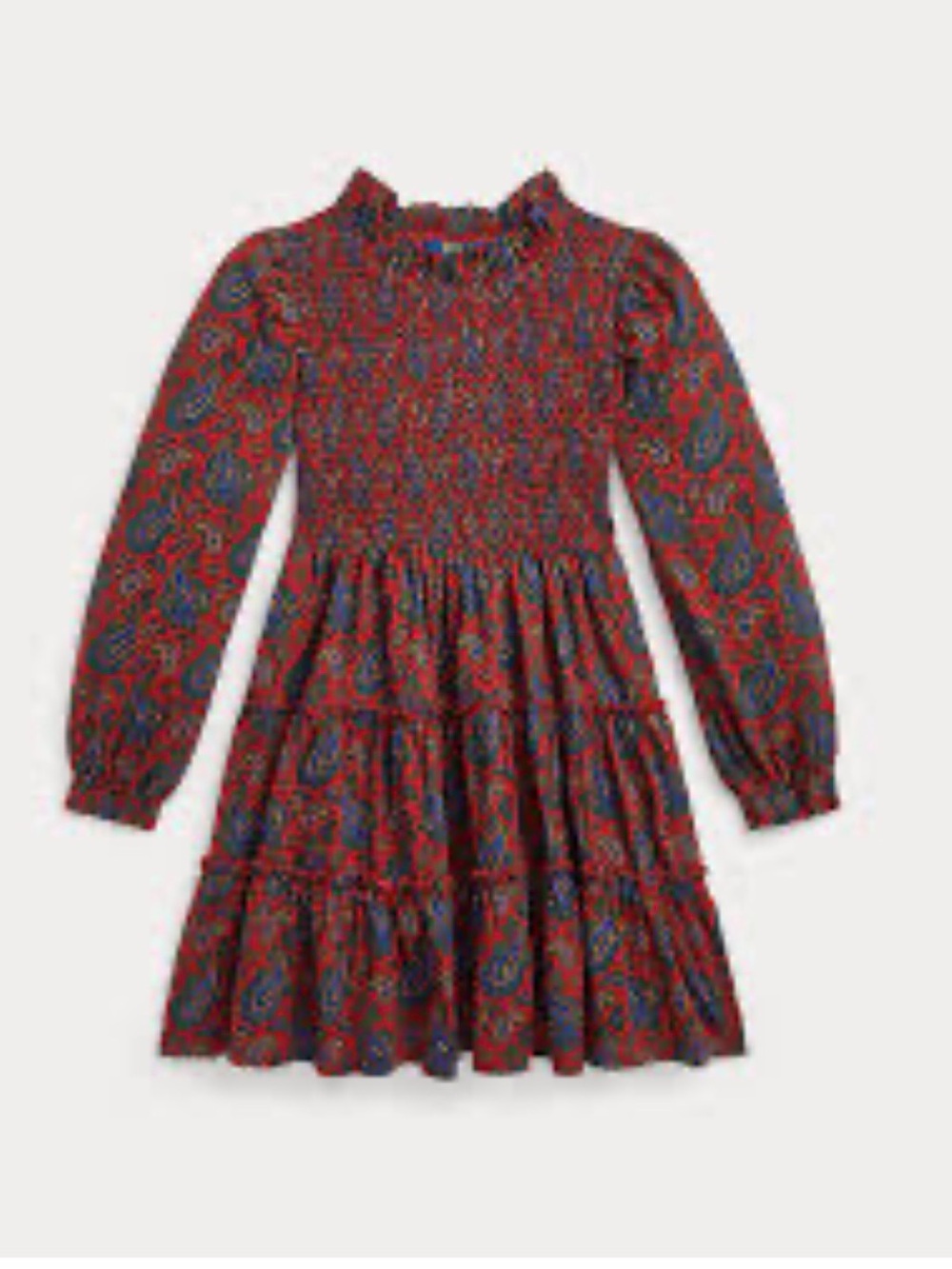 Polo by Ralph Lauren Girl’s Red Paisley Smocked Tiered Long-Sleeve Cotton Dress